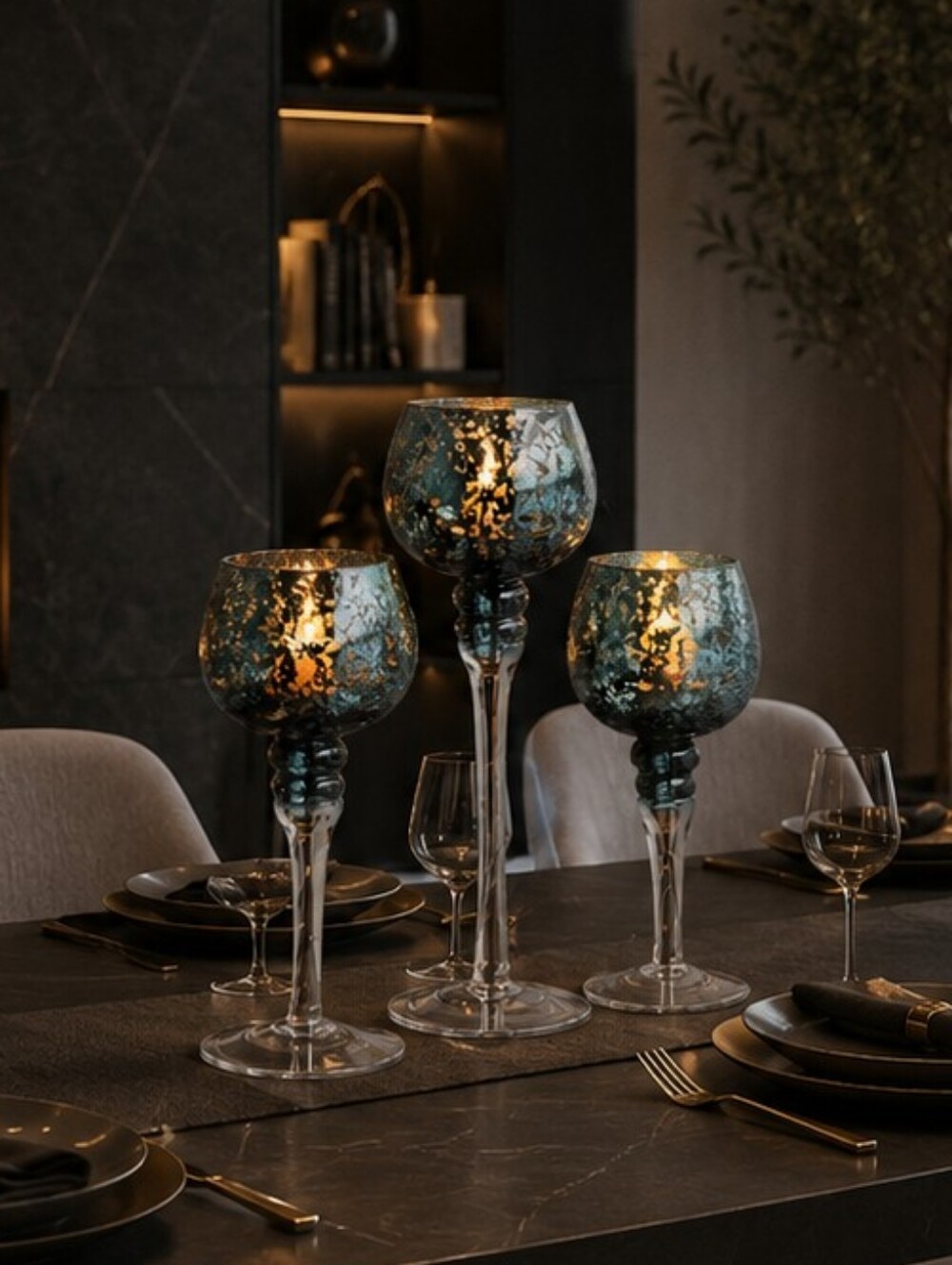 Elegant Icy Blue Glass Candle Holders Set - 3-Piece Decorative Centerpiece